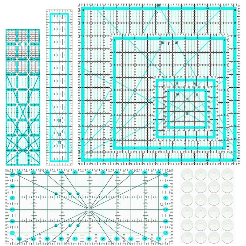 ZICALSO Quilting Rulers,7 Quilting Ruler Templates(4.5"X4.5", 6"X6", 9.5"X9.5", 12.5"X12.5",6.5"x12",2"x12",3"x9"),Acrylic Rulers Fabric Cutting Ruler with Non-Slip Rings for Quilting and Sewing - Image 1